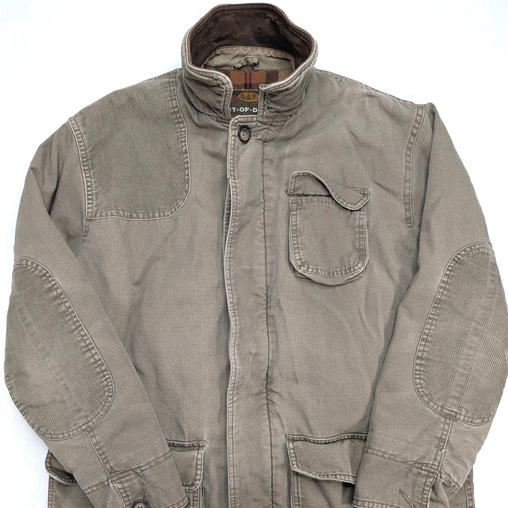 GAP Out-of-Doors Mens Medium Olive Grunge Field Jacket Leather Trim Plaid